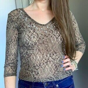 Express Vintage Semi Sheer Embellished Top S